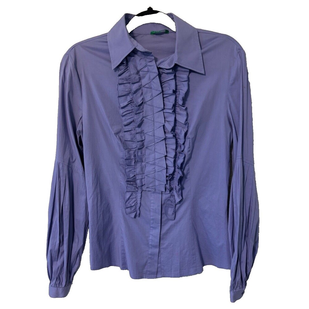 UNITED COLORS‎ OF BENETTON SMALL RUFFLE COLLAR BLOUSE WOMENS Blue/Purple